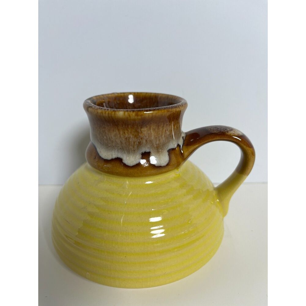 Vintage No Spill Coffee Mug Yellow Drip Glaze Pottery Retro Car Travel Cup